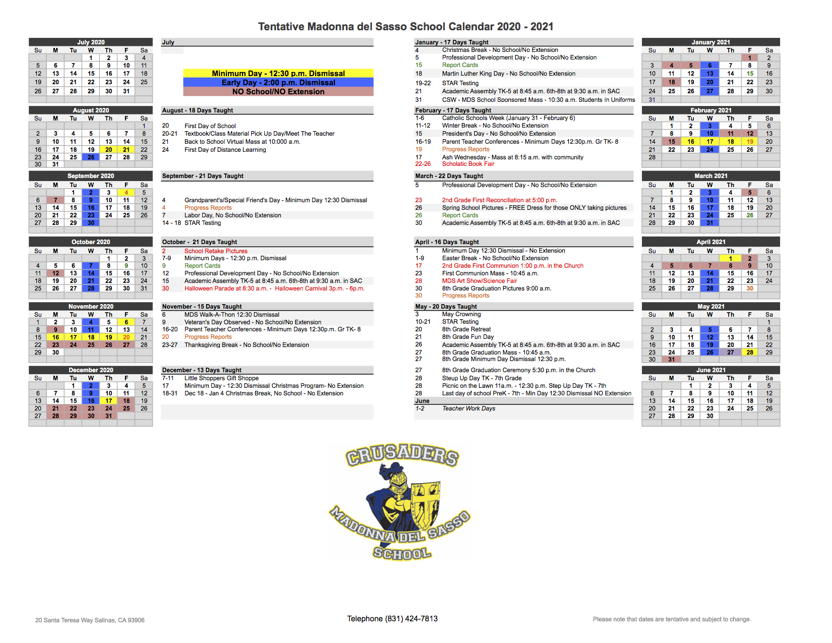 Calendar Madonna Del Sasso School